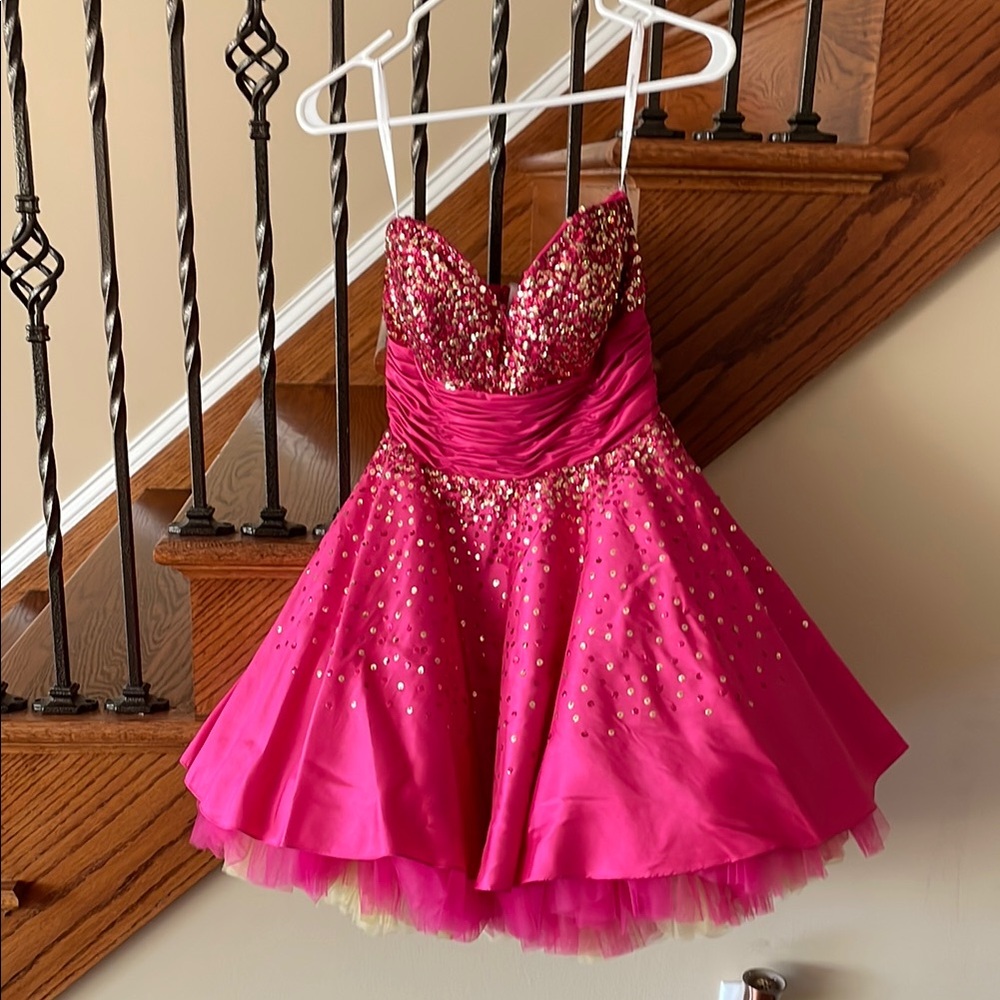 Hannah S Pink & Gold Fit and Flare Prom Dress Strapless Sweetheart Neckline